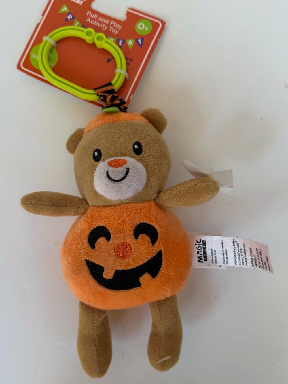 Baby Starters Halloween Orange Pumpkin Bear Chime Toy Pull & Jiggle Vibration 9"